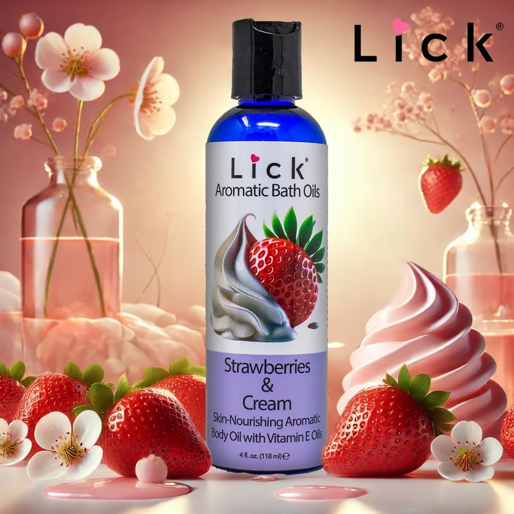 Strawberries and Cream Aromatic Bath Oil – Sweet Almond, Vitamin E & Jojoba Oils for Luxurious Skin Hydration – 12 Aromas – Made in USA – 4 fl oz