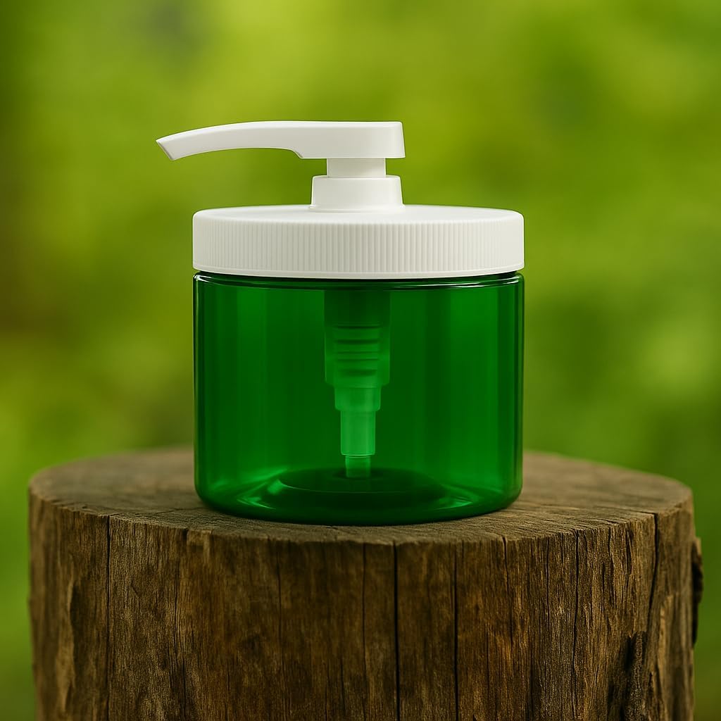 Royal Massage 16oz Refillable Pump Jar with Locking Dip Tube Dispenser – BPA-Free Plastic Container for Massage Oils, Lotions, Creams – Ribbed Lid Wide-Mouth Jar – Durable & Reusable (Green/White, 2)