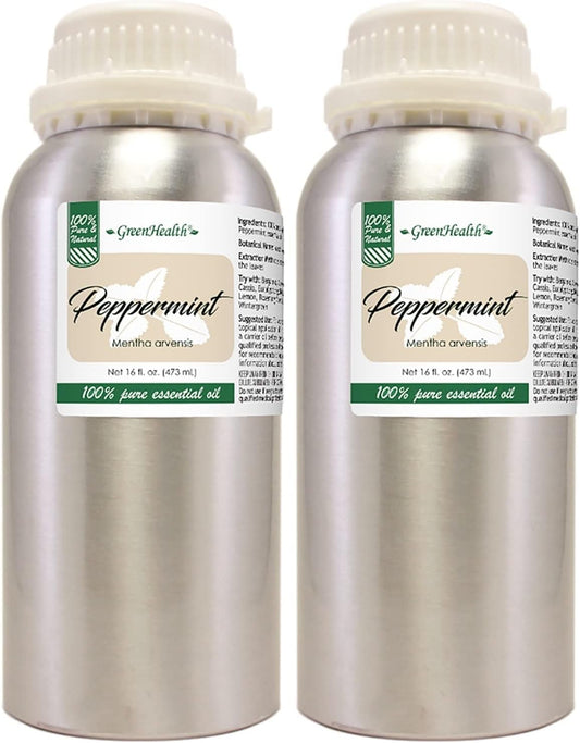 2 (Two) Bottles - 16 fl oz Peppermint Essential Oil (100% Pure & Uncut), Aluminum Bottle - GreenHealth