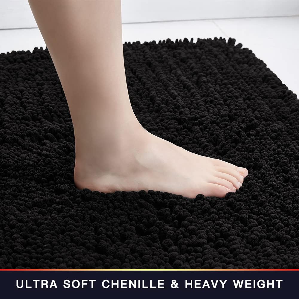 Walensee Bathroom Rug Non Slip Bath Mat (24x17 Inch Black) Water Absorbent Super Soft Shaggy Chenille Machine Washable Dry Extra Thick Perfect Absorbant Best Small Plush Carpet for Shower Floor