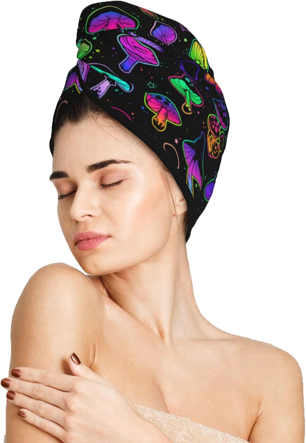 Mushrooms Hair Towel Wrap Microfiber Fast Drying Hair Turban with Buttons for Women Drying Curly, Long & Thick Hair