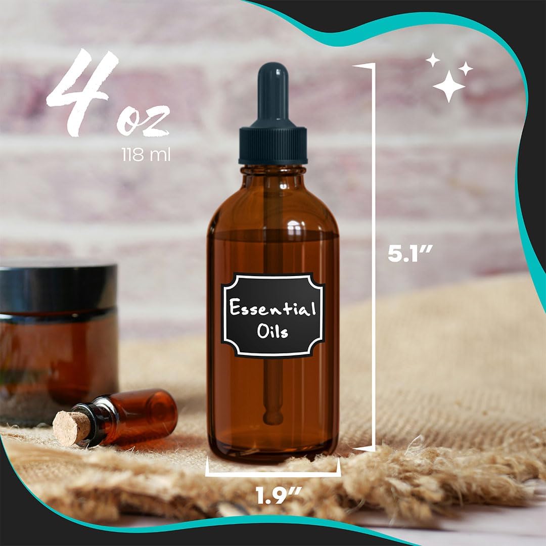 Nevlers 4 oz Amber Glass Dropper Bottle 24 Pack | Glass Tincture Bottles with Dropper for Oils, Medicine & Serums | Leakproof Amber Bottles Set w/Label Stickers, Marker, Funnel, Brush & Shrink Wrap