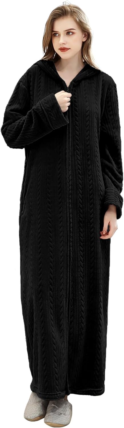 Hellomamma Long Hooded Zipper Bathrobe for Womens Flannel Fleece Robes Winter Warm Housecoat Nightgown Sleepwear Pajamas