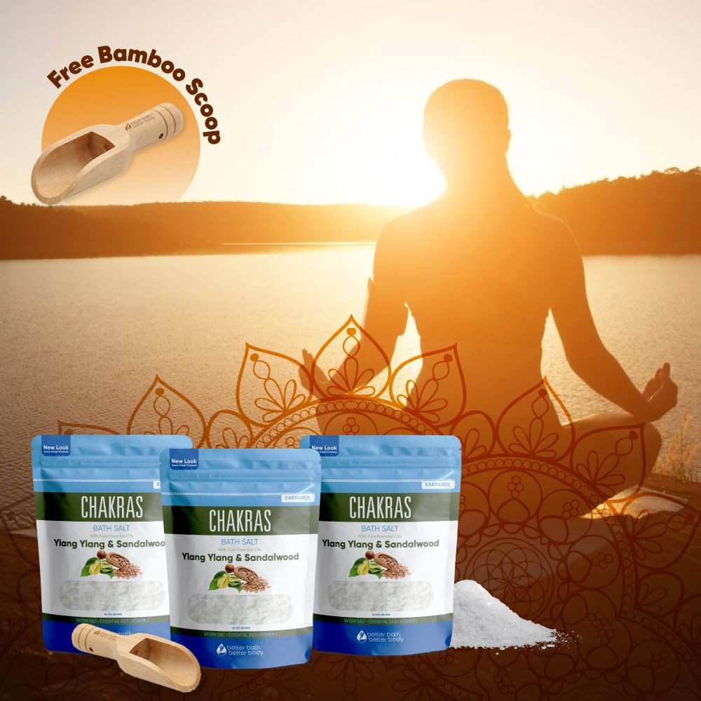 Chakras Bath Salt (3 Pack with Scoop) USP Epsom Salt with Natural Ylang Ylang and Sandalwood Essential Oils Plus Vitamin C in BPA Free Pouch with Easy Press Lock Seal Made in USA Bundle 6 Lbs Total