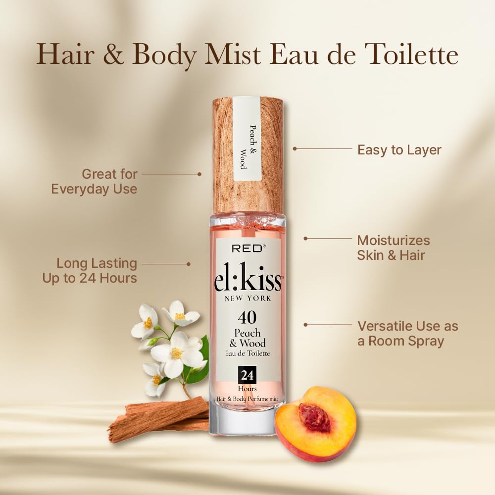 EL:KISS Hair Perfume & Body Mist, Peach & Wood Inspired by Tom F Bitter Peach, Eau de Toilette 30mL (1.01 Fl Oz), Hydrating & Long-Lasting, Alcohol & Mineral Oil-Free, Jojoba, Argan Oil & Aloe Vera