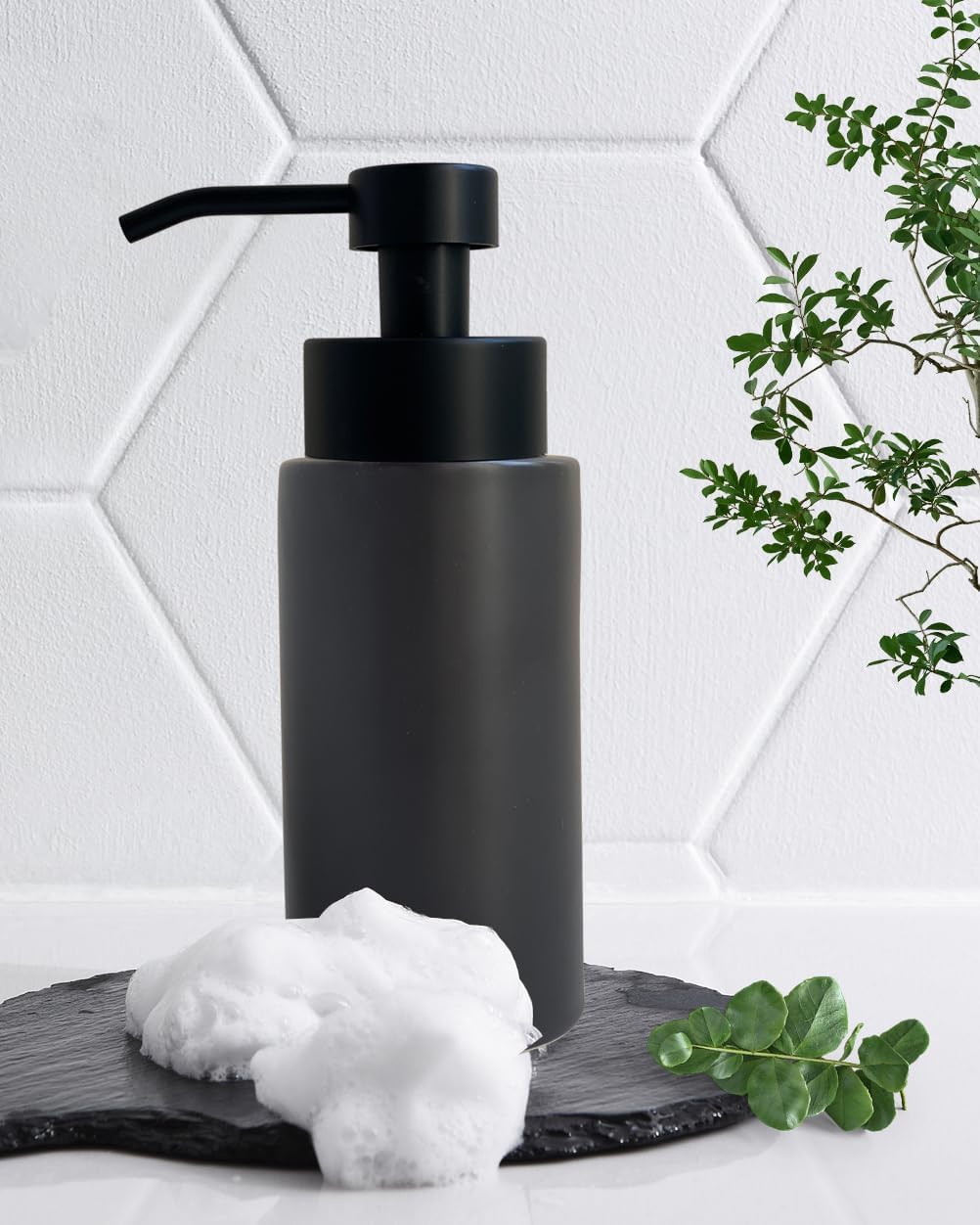 9.5 Oz Foaming Soap Dispenser for Bathroom,Kitchen Foam Soap Dispenser,Refillable Modern Foam Pump Bottle,Black Ceramic Foaming Hand Pump Dispenser (Black)
