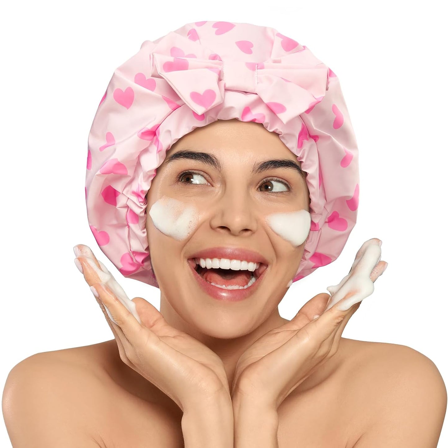 LitBear Luxury Silk Lined Shower Caps for Women Reusable Waterproof, Double Layered Large Bathing Hair Cap with Adjustable Elastic Strap, Non-slip, Quick-dry, for Long Short Hair, Pink Heart