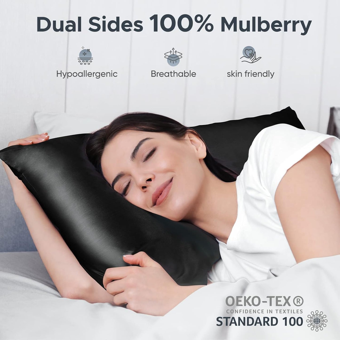 100% Pure Mulberry Silk Pillowcase for Hair and Skin - Allergen Resistant Dual Sides,600 Thread Count Silk Bed Pillow Cases with Hidden Zipper,1pc,Queen Size,Black