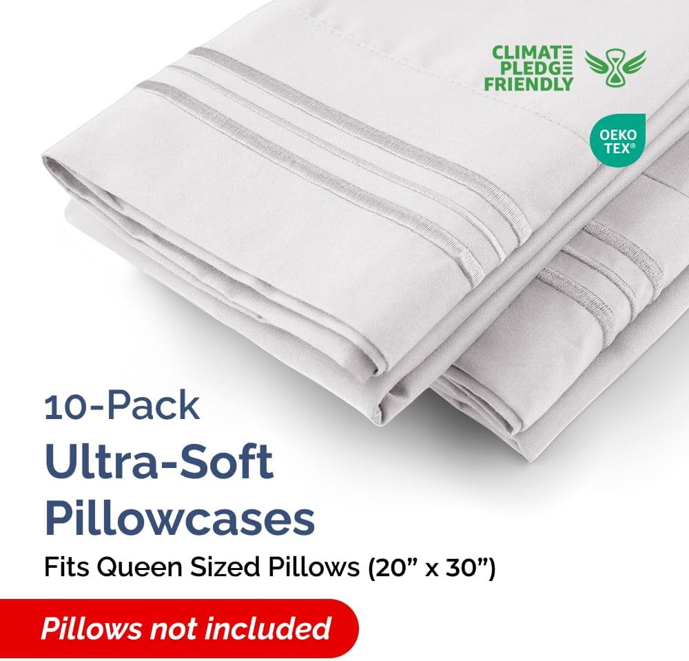 Queen Pillow Cases Set of 10 - Ultra Soft Hotel Quality Pillowcase Covers - Comfy, Cozy & Wrinkle Free - Shrink, Stain & Fade Resistant - Machine Washable Pillow Protectors - 10 Pcs Set - French Grey