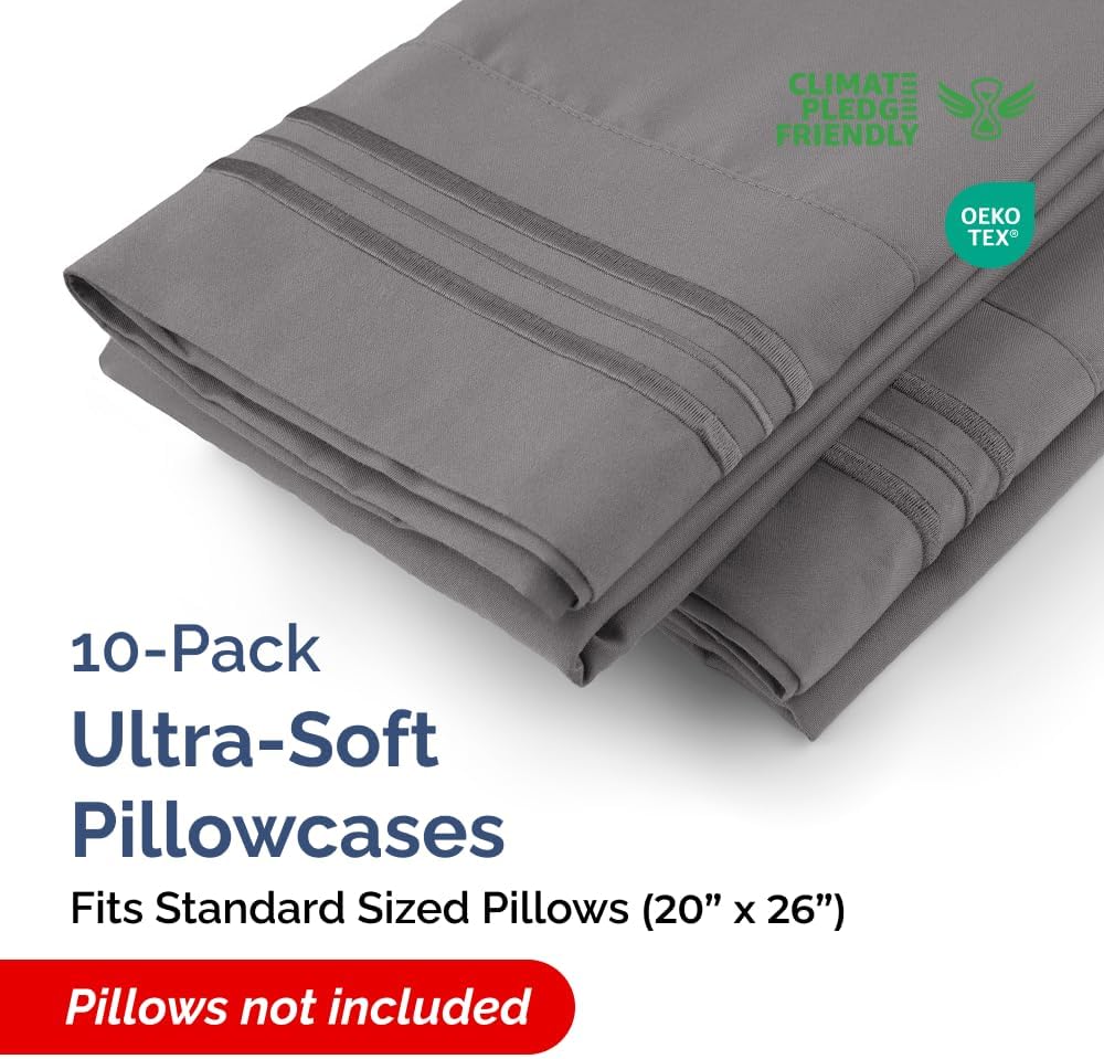 Standard Pillow Cases Set of 10 - Ultra Soft Hotel Quality Pillowcase Covers - Comfy, Cozy & Wrinkle Free - Shrink, Stain & Fade Resistant - Machine Washable Pillow Protectors - 10 Pcs Set - Dark Grey