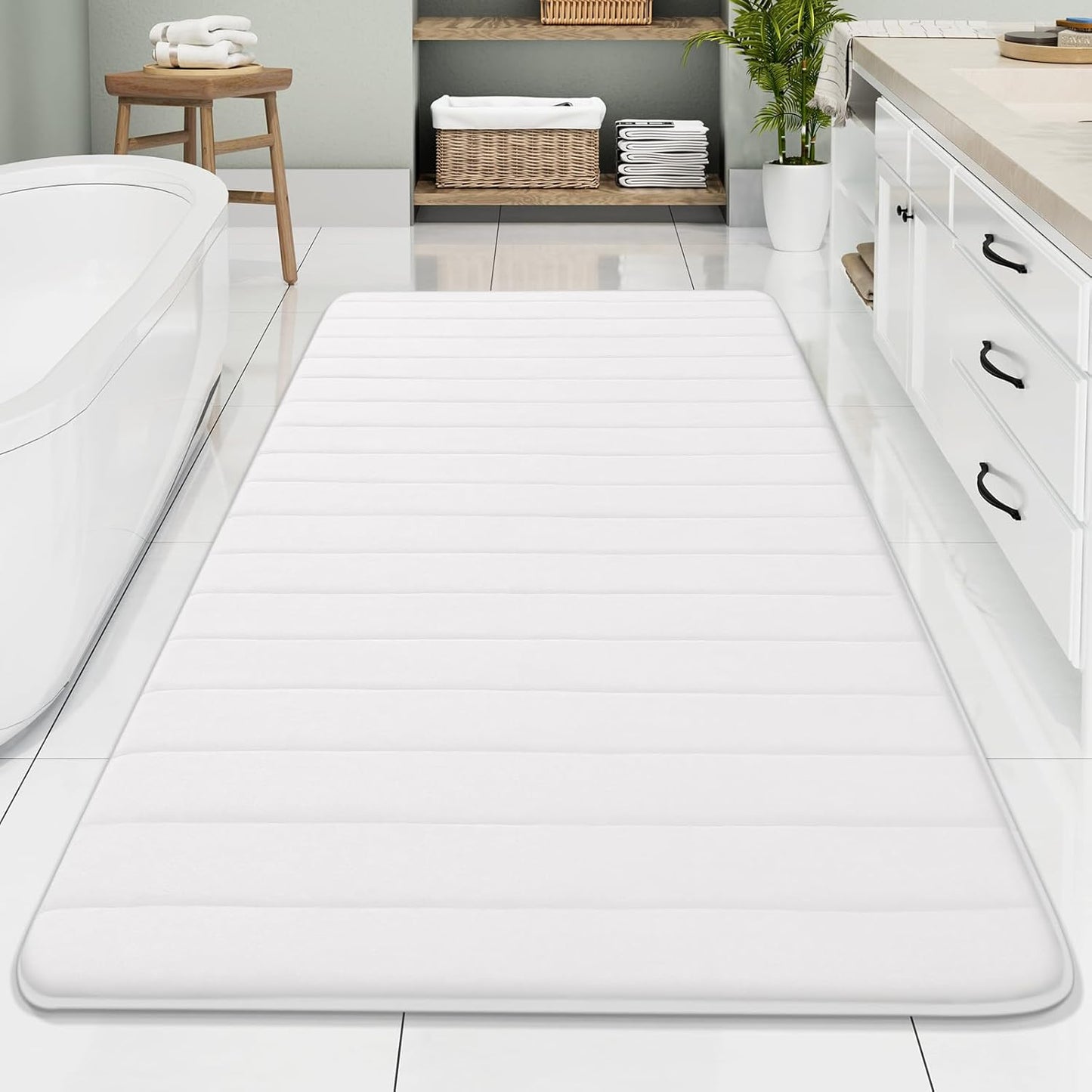 Buganda Memory Foam Bath Mat, 70" x 34", Ultra Soft and Non-Slip Bathroom Rugs, Water Absorbent and Machine Washable Bath Rug Runner for Bathroom, Shower, and Tub, White