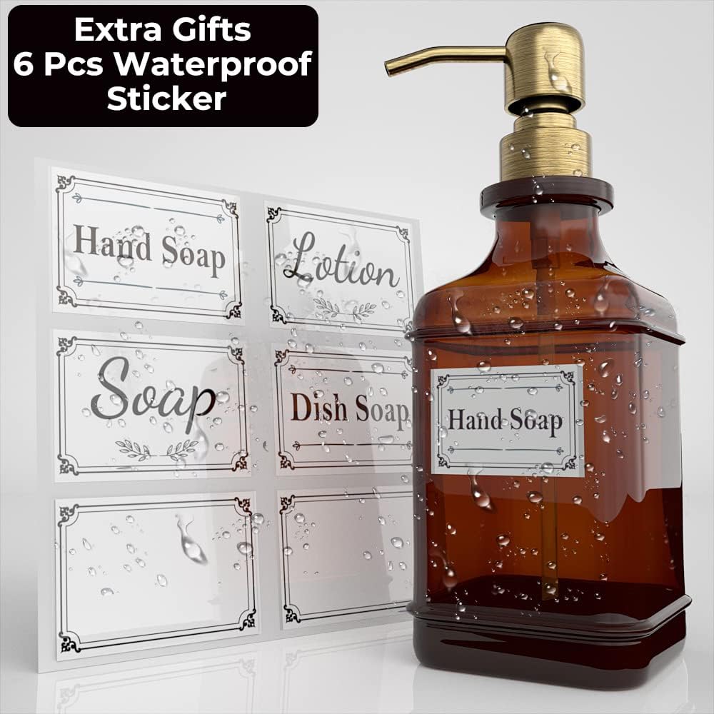 GLADPURE Soap Dispenser 2 Pack, Hand Soap Dispensers with 18 Oz Antique Design Thick Amber Glass Bottle, 316 Rust Proof Stainless Steel Pump, 6Pcs Stickers, for Lotion, Soap - Brushed Gold