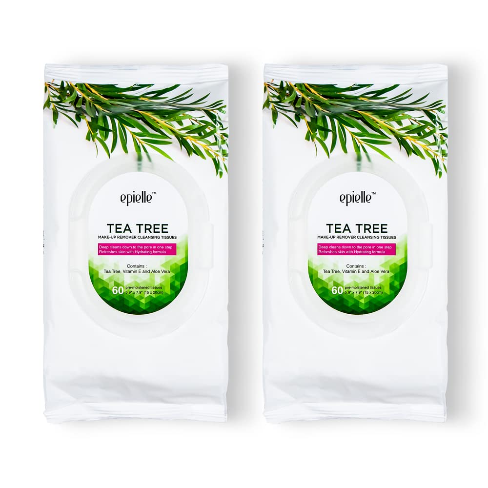 Epielle Tea Tree Makeup Remover Wipes, Gentle Daily Facial Cleanser Towelettes, Remove Dirt, Oil & Waterproof Mascara, Hypoallergenic & Alcohol-Free, 60 Count (Pack of 2)