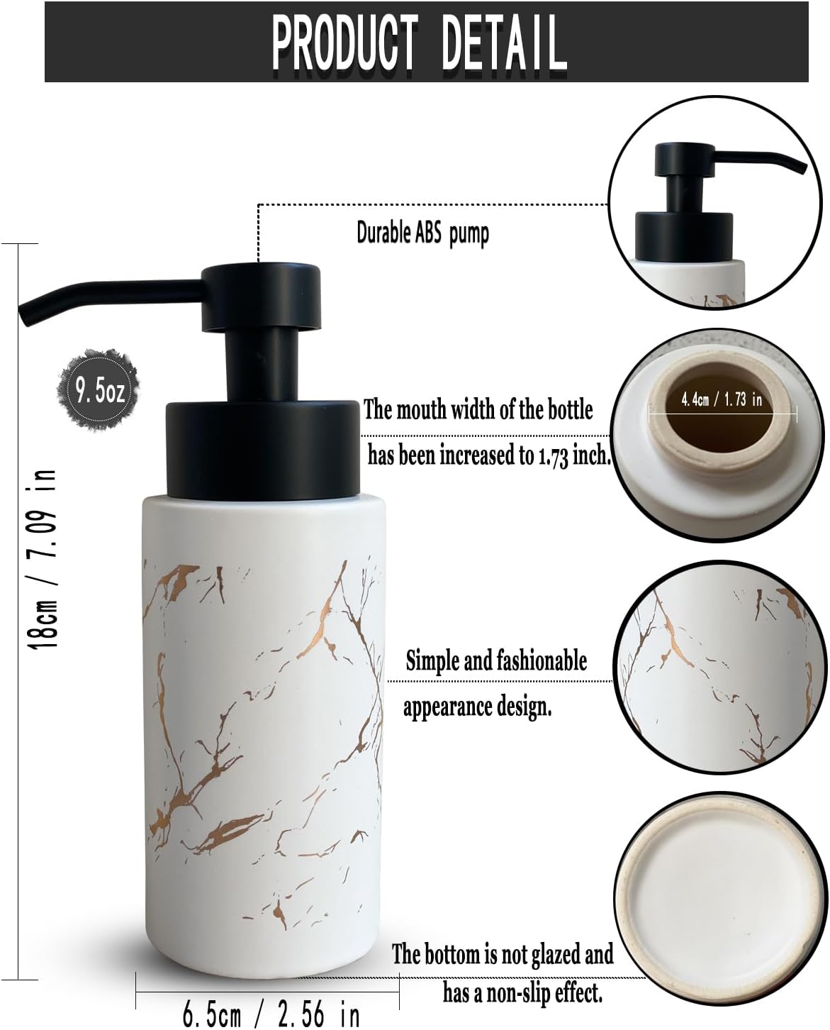 9.5 Oz Foaming Soap Dispenser for Bathroom,Kitchen Foam Soap Dispenser,Refillable Modern Foam Pump Bottle,Black Ceramic Foaming Hand Pump Dispenser (White Marble)