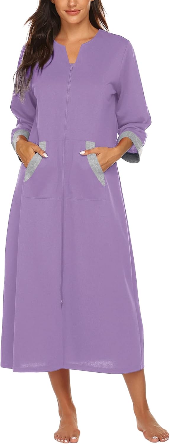 Ekouaer Women Zipper Robe 3/4 Sleeves Loungewear Dress Full Length Sleepwear Pockets Housecoat Nightgown Long Bathrobe