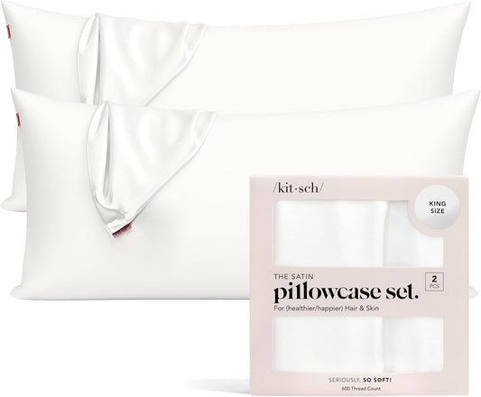 Kitsch Satin Pillowcase with Zipper for Hair & Skin, Softer Than Silk Pillow Cases Queen, Wrinkle-Free, Smooth and Cooling Satin Pillow Covers, King Size 19"x36" - Ivory, 2pcs