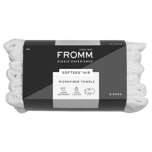 Fromm Softees Air Microfiber Lightweight Salon Hair Towels for Hairstylists, Barbers, Spa, Gym in White, 15.5" by 25.5", 6 count Perfect Hair Care Towel for Drying Curly, Long, Wavy Hair