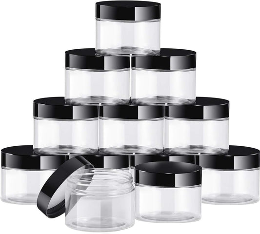 SATINIOR 12 Pack 6 oz Plastic Container Jars with Lids Round Clear Travel Cosmetic Container Slime Jars for Toiletries, Lotion, Cream, Ointments, Makeup, Rhinestone, Samples, Kitchen Storage(Black)