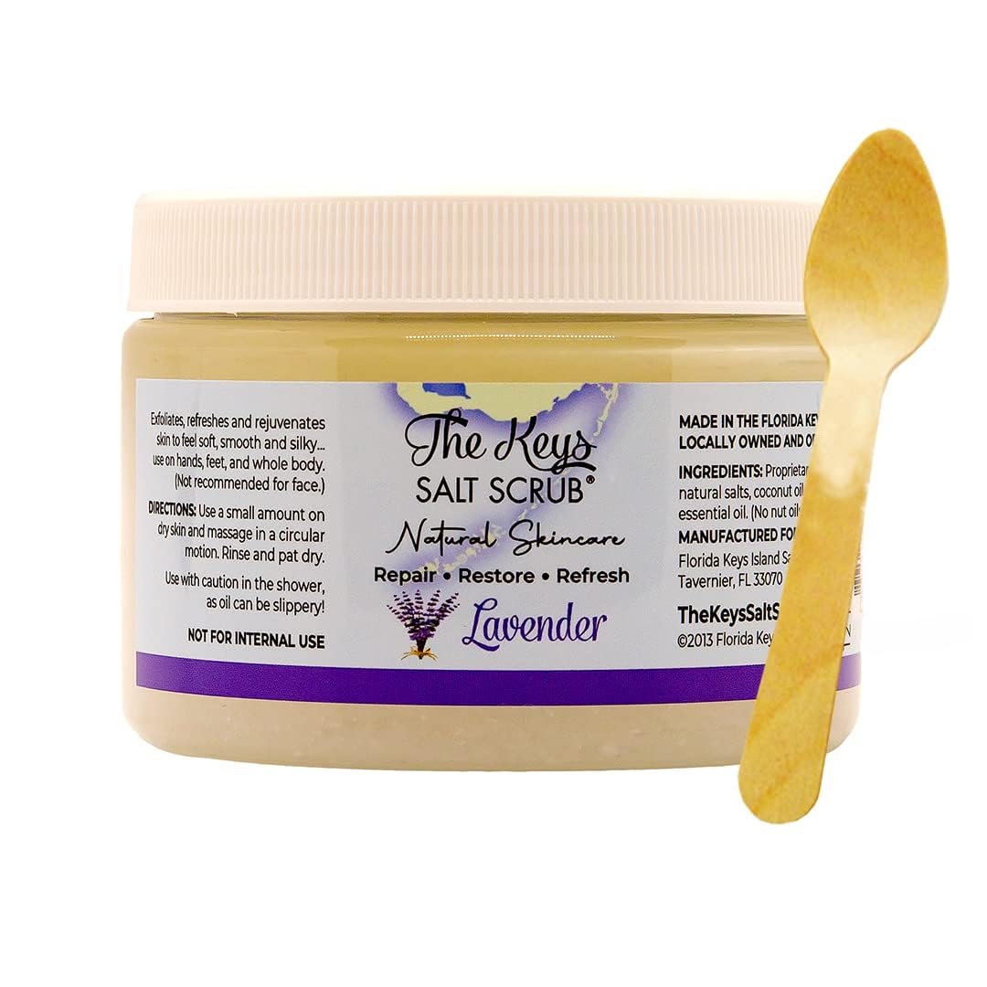 The Keys Salt Scrub -Sea Salt Scrub - Exfoliating Body Scrub with Wooden Spoon - Moisturizing Exfoliator for Hands, Foot, Bath, (12 Ounce (Pack of 1), Lavender)