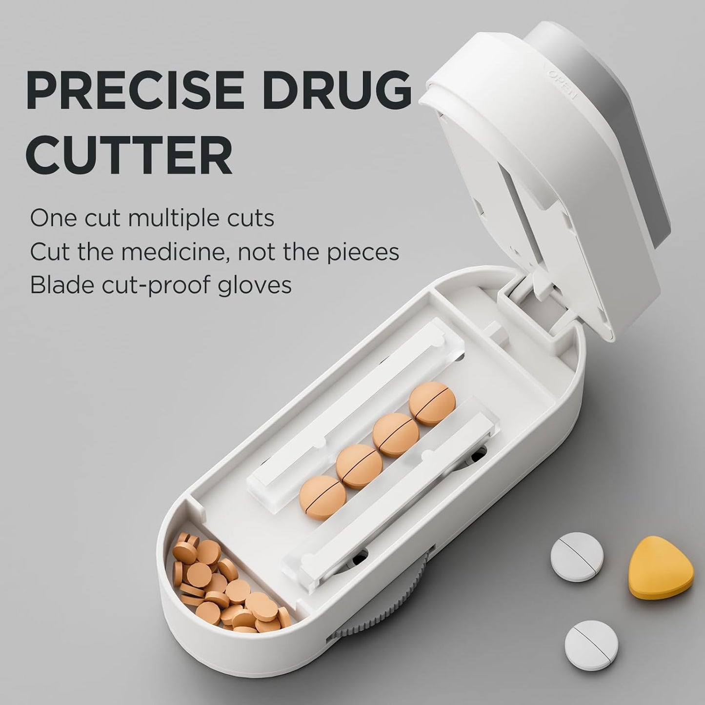 Pill Cutter Splitter for Small & Tiny Pills, Adjustable, Safety Features, Grey