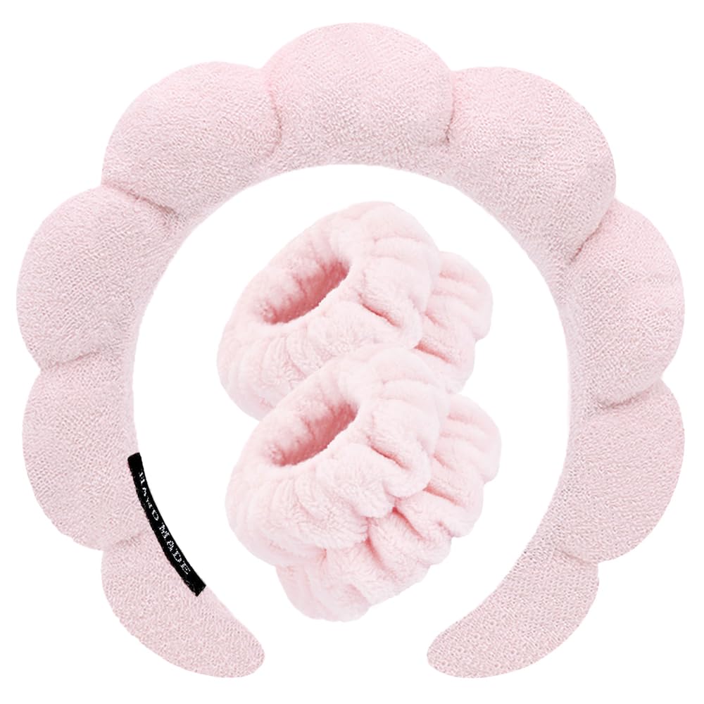 Spa Headbands for Washing Face Wristband Set Sponge Makeup Skincare Headband Wrist Towels Bubble Soft Terry Towel Cloth Hairband for Women Puffy Headwear Non Slip Thick Thin Hair Headwear (Light pink)