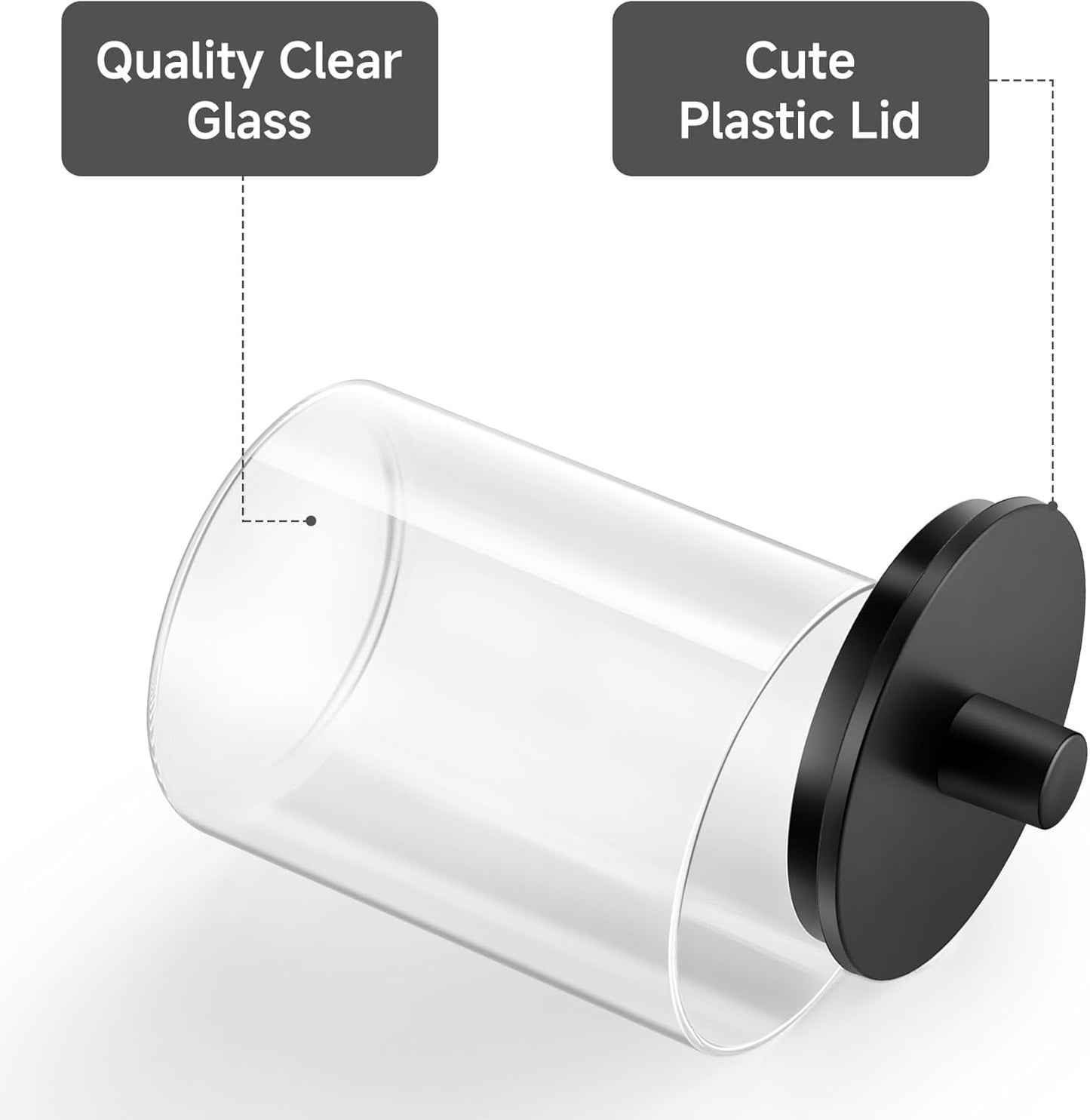 TIPGO Glass Qtip Holder Dispenser for Bathroom - 10 oz Clear Canister Apothecary Jar for Cotton Swabs, Balls, Pads, Floss Picks, Small Containers for Makeup Storage Organizer (2 Pack, Black)