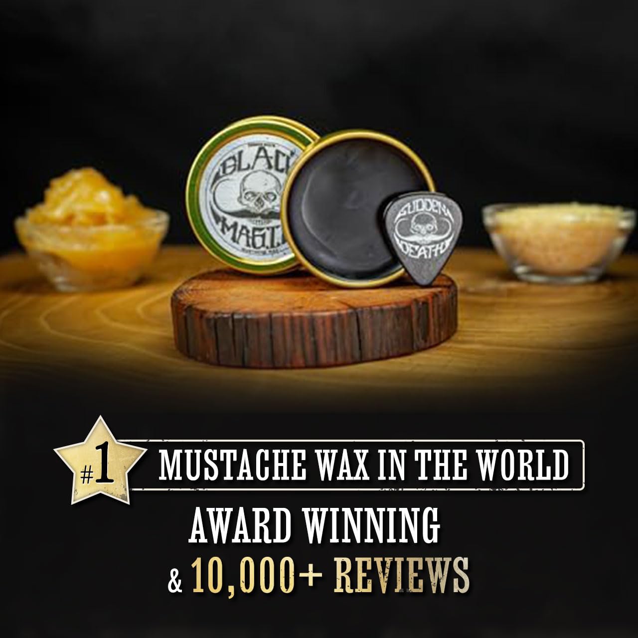 Black Mustache Wax | Black Magic Death Grip Moustache Wax | Hide Grey Hair In Beard Or Moustache | Extra Strong Hold Mustache Wax Unscented | 1 oz Tin Heat Source Required (Black Magic Bone Crusher)