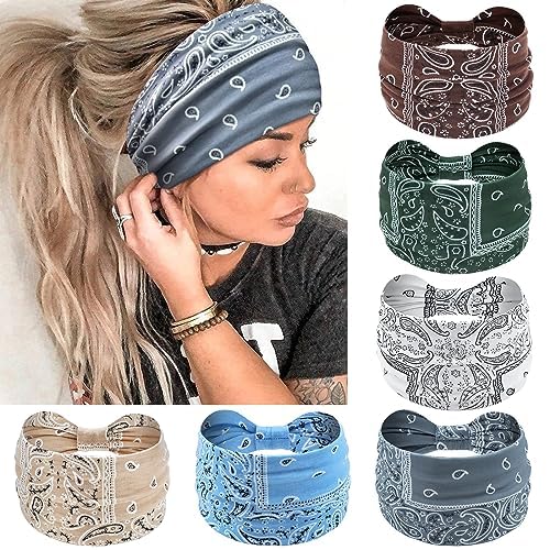 Wide Headbands for Women Knotted No Slip Head Bands Soft Turban Headband Hair Accessories Boho African Solid Color Head Wraps for Women Yoga Workout Pack of 6 (Nature)