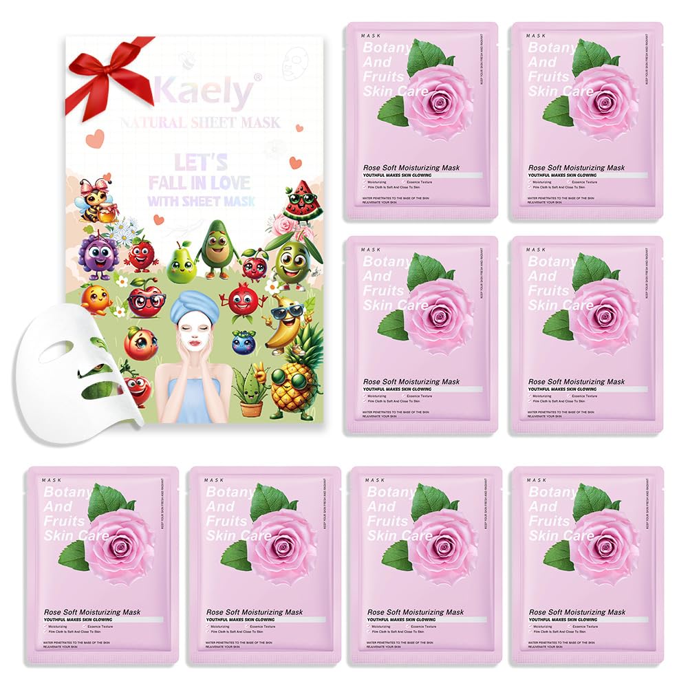 8 Pack Rose Face Mask,Pink Face Masks Spa Day kit Supplies for Teens Girls Women,Sheet Facial Mask Skincare for Kids Gifts Set,Hydrate Nourish Soothe for All Skin Types,Spa Party Favors