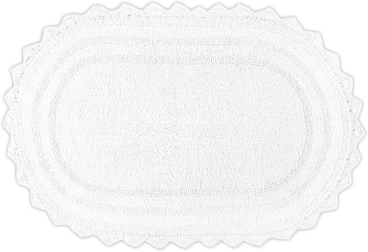 RAJRANG White Cotton Bathroom Rug Oval 21x34 Inch – Reversible Crochet Bath Mat for Bathroom, Entryway or Kitchen – Soft & Washable
