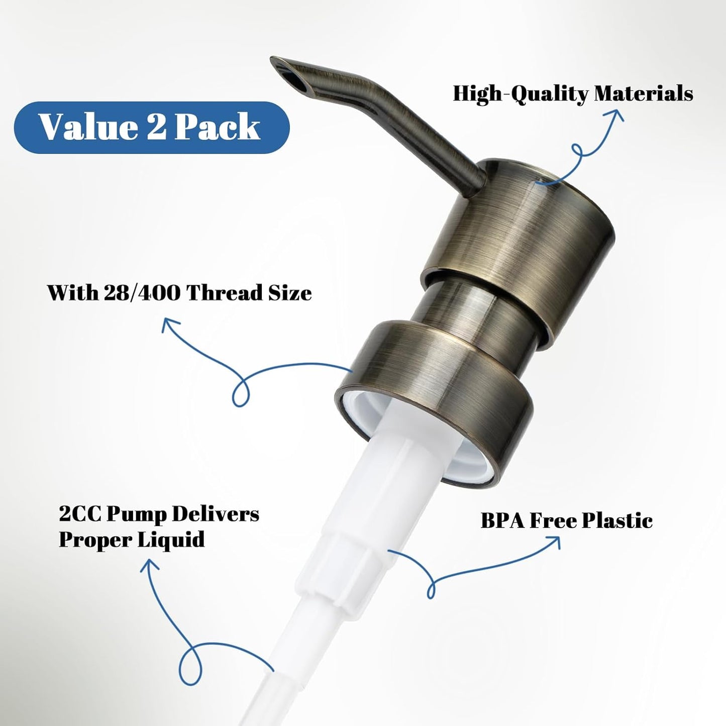 Soap Dispenser Pump Replacement for Standard 28/400 Thread Size Refill Dispenser Pump Head for Lotion Dish Soap Kitchen Bathroom Countertops,2 Pack(Bronze)