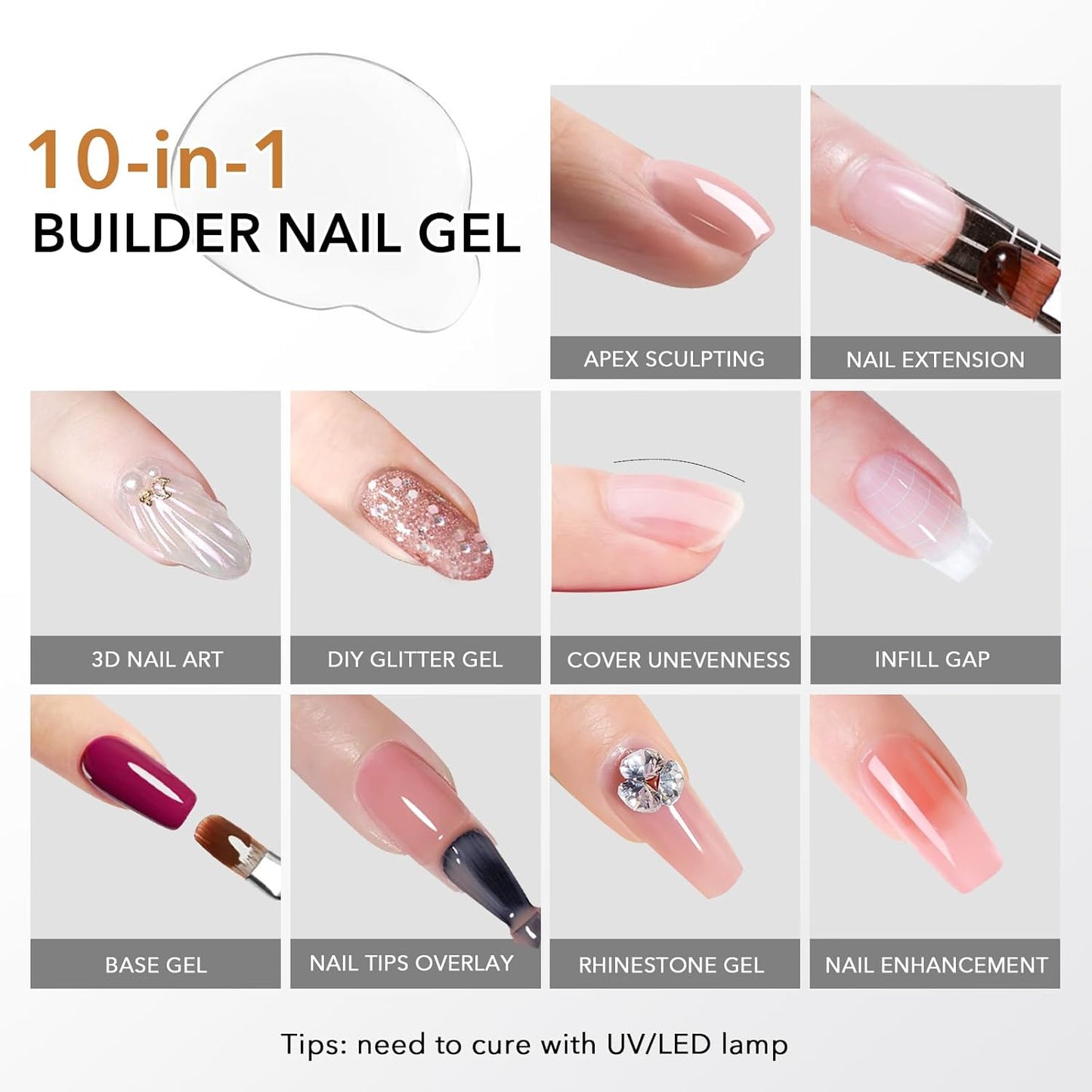 3Pcs 15ml Builder Nail Gel with Base and No Wipe Top Coat Set 10-in-1 Clear Builder Gel With Top and Base Coat Shine Finish and Long Lasting for Nail Extension Strengthener