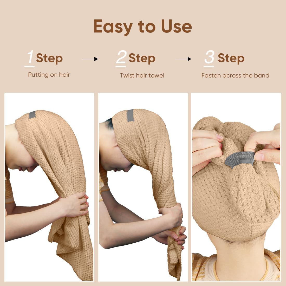 HOMEXCEL 5 Pack Microfiber Hair Towels - 40 x 20 inches Super Soft, Fast Drying Turbans for Long, Thick, Curly Hair - Anti Frizz Wrap with Elastic Strap, Brown/Grey