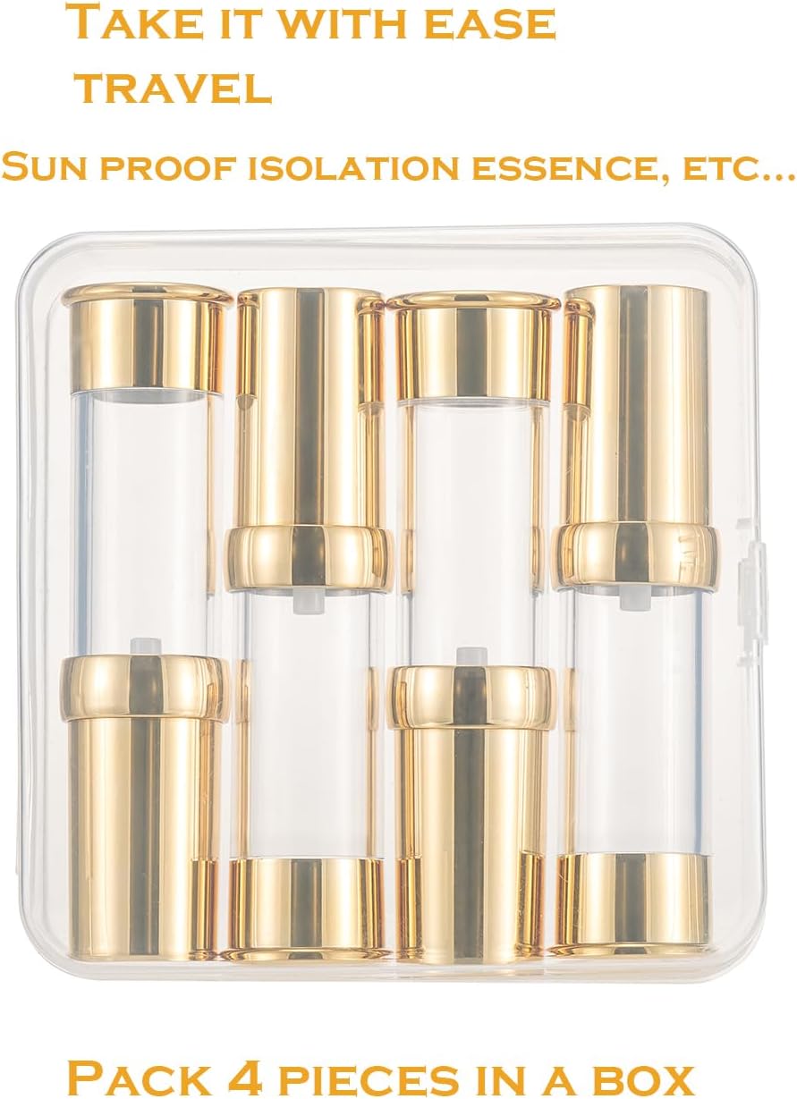 Gold 15ML 0.5 oz Airless pump bottle Toiletries Travel Size containers airport essentials Dispenser with Box Reusable mini lotion plastic travel bottles 4 Packs