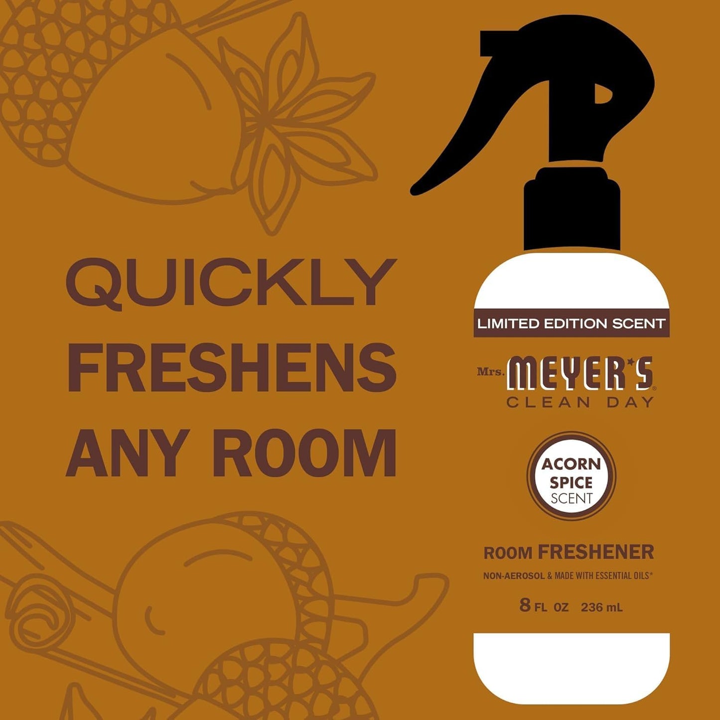 MRS. MEYER'S CLEAN DAY Room and Air Freshener Spray, Non-Aerosol Spray Bottle Infused with Essential Oils, Acorn Spice, 8 fl. oz