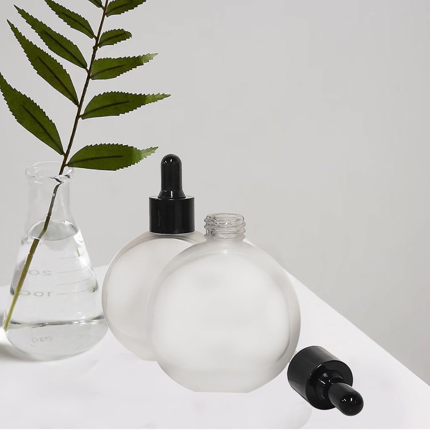 6Pcs,2 oz Frosted Glass Dropper Bottles for Essential Oils,60ml Flat Round Perfume Bottle,for Essential Oils, Perfumes,Serums - Leakproof for Travel (Clear Frosted)