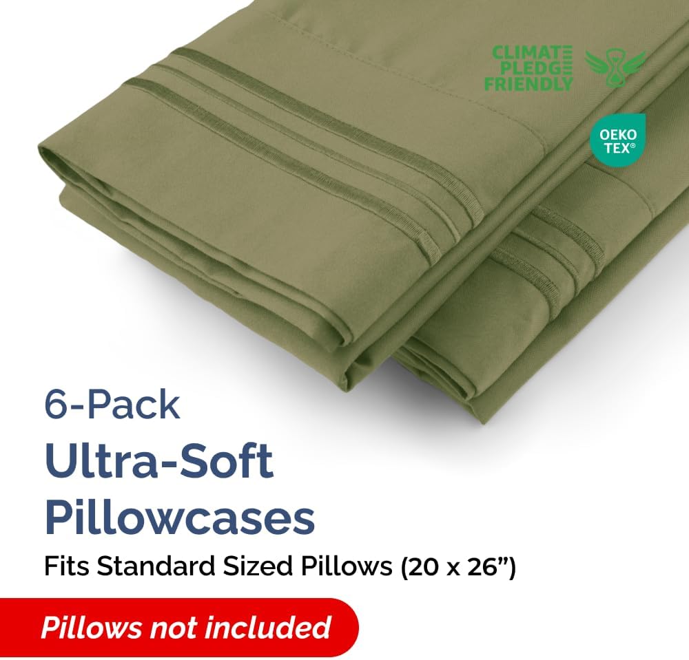 Standard Pillow Cases Set of 6 - Ultra Soft Hotel Quality Pillowcase Covers - Comfy & Wrinkle Free - Shrink, Stain and Fade Resistant - Machine Washable Pillow Protectors - 6 Piece Set - Sage Green