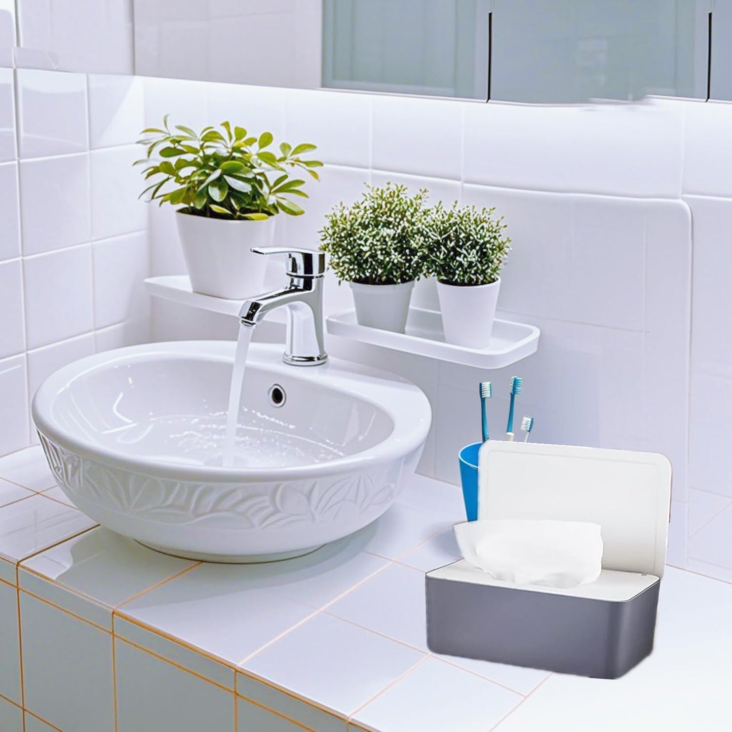 Wipes Dispenser with 2Pcs Portable Refillable Wipe Holder,Reusable Large Wipe Holder Box Flushable Wipes Case Bathroom Wipes Container for Pet Nursery Kitchen Office Counter(Grey-White)