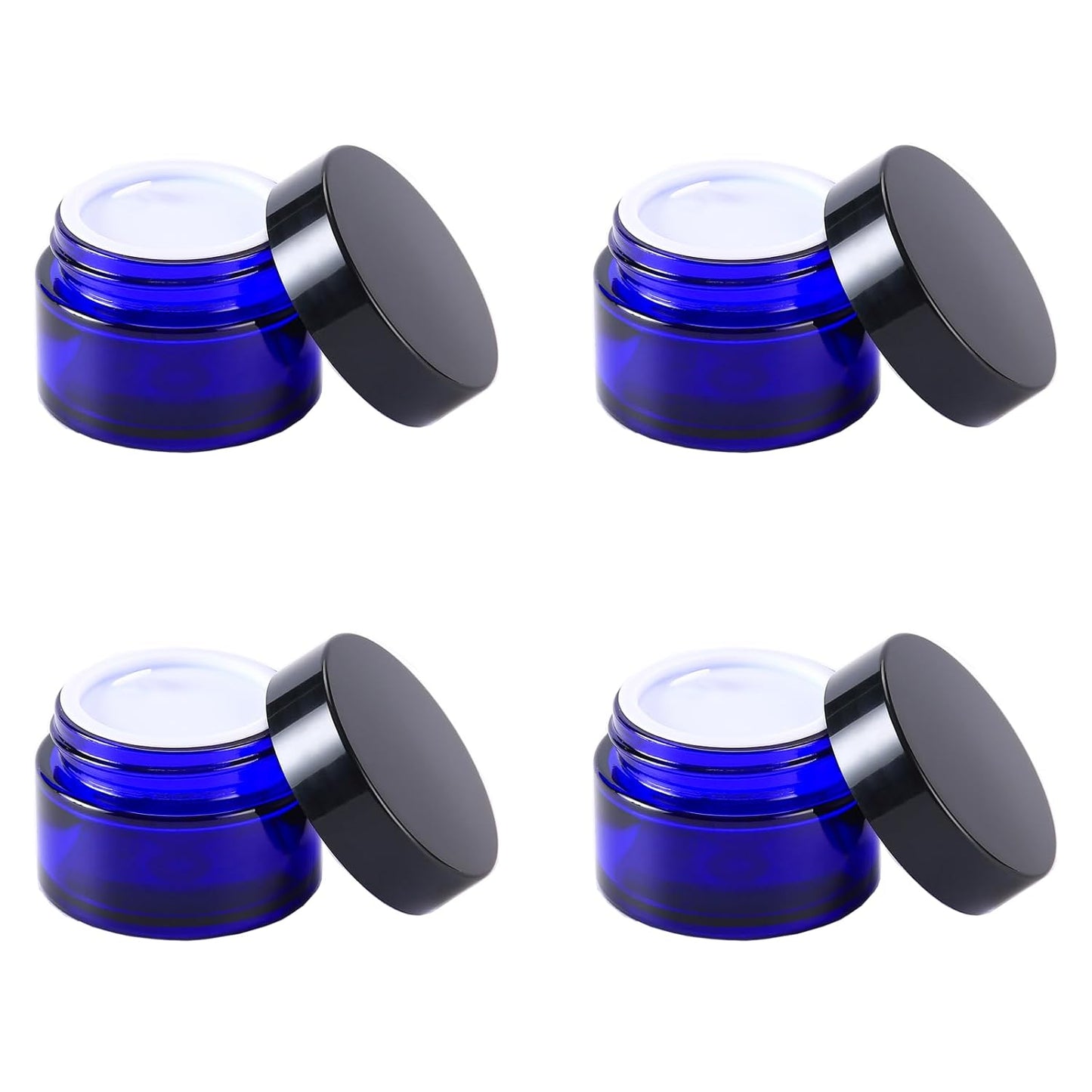 4PCS 1 oz Small Glass Jar, Empty Cosmetic Lotion Containers,with Inner Liners,Black Lid, Spatula (Blue)