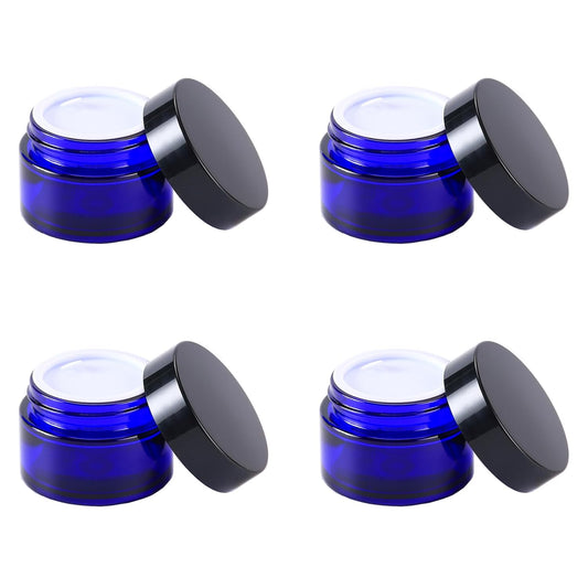 4PCS 1 oz Small Glass Jar, Empty Cosmetic Lotion Containers,with Inner Liners,Black Lid, Spatula (Blue)