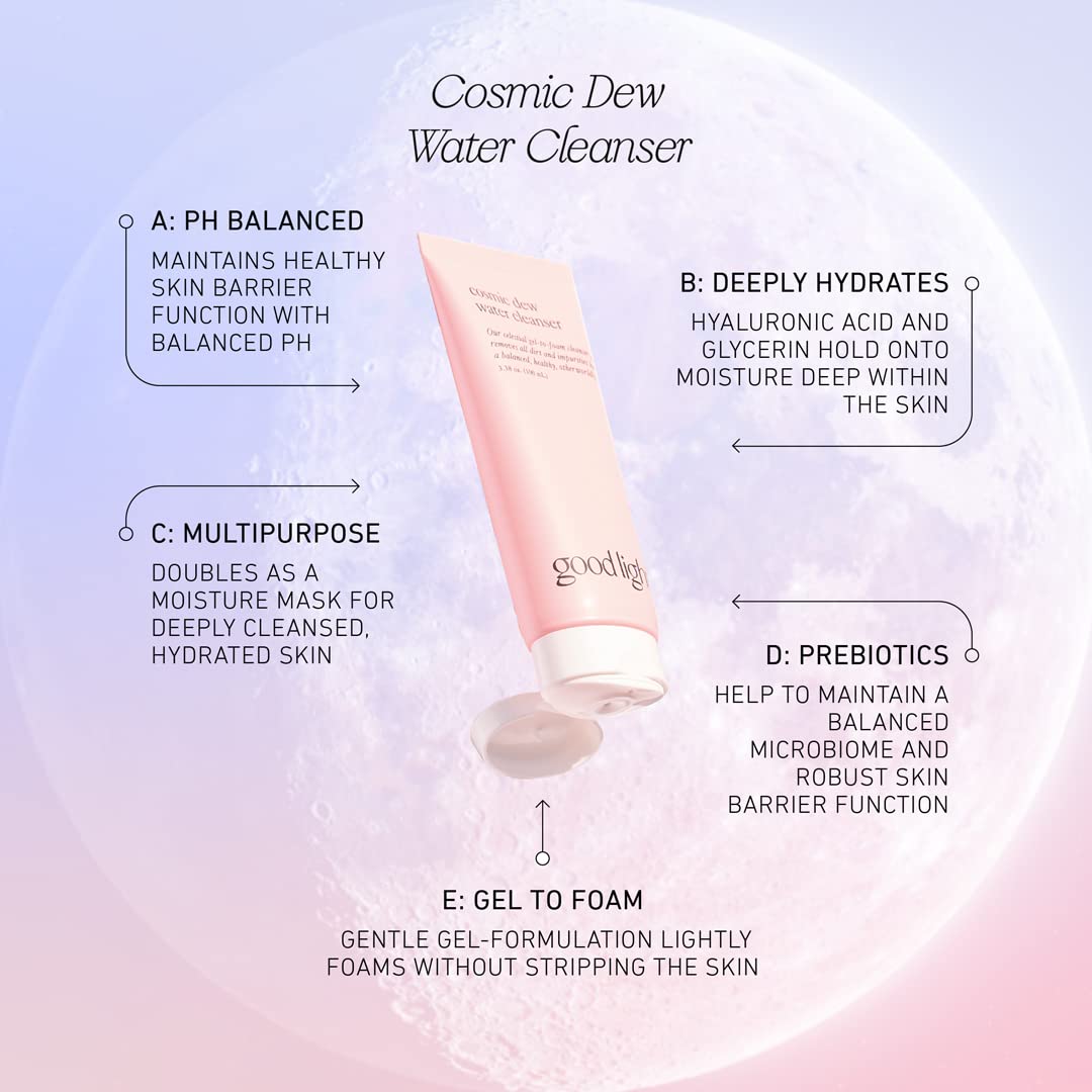 good light Cosmic Dew Water Cleanser. Celestial Gel-to-Foam Face Wash Cleanser. Made with Glycerin and Hyaluronic Acid. Hydrating, Sensitive Skin Safe Korean Skin Care. (3.38 fl oz)
