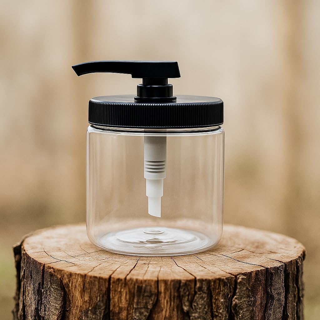 Royal Massage 16oz Refillable Pump Jar with Locking Dip Tube Dispenser – BPA-Free Plastic Container for Massage Oils, Lotions, Creams – Ribbed Lid Wide-Mouth Jar – Durable & Reusable (Clear/Black, 1)