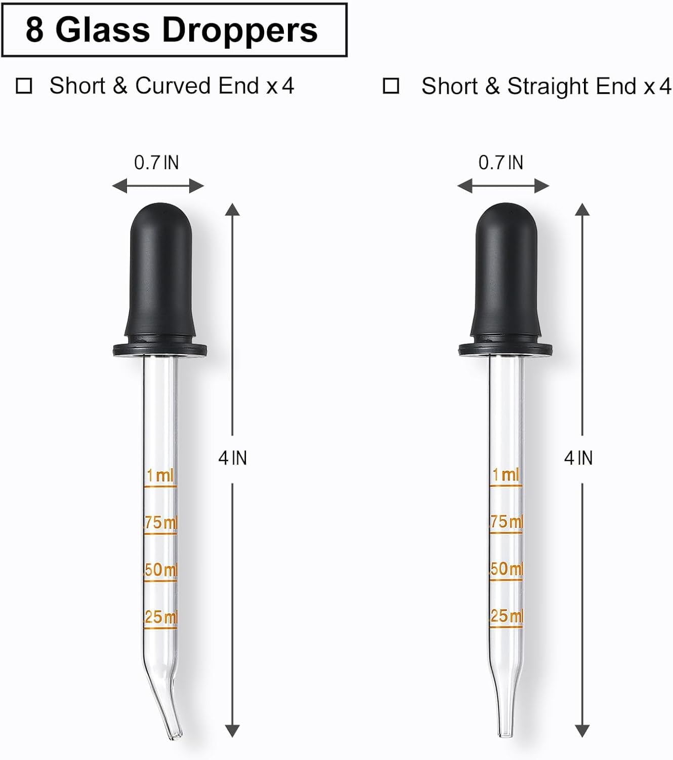 8 Pack, 1 mL Glass Eye Dropper with Measurement - Short Bent & Straight Tip Calibrated Glass Medicine Droppers, Accurate Dose Pipette Dropper for Essential Oil, Feeding, Ear, Eye, Lab, Health, Beauty