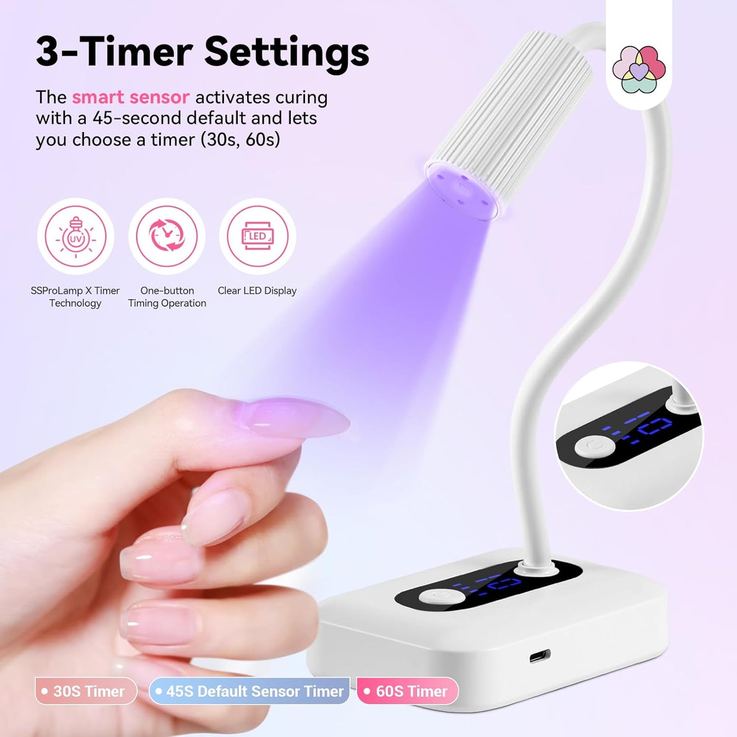 SAVILAND Essentials Smart Sensor U V Nail Lamp: Gooseneck 12W U V Light for Gel Nails 3S Flash Curing Gel U V Light 3 Timer 360° Adjustable Rechargeable 6H Battery Life LED Display Flash Cure Lamp