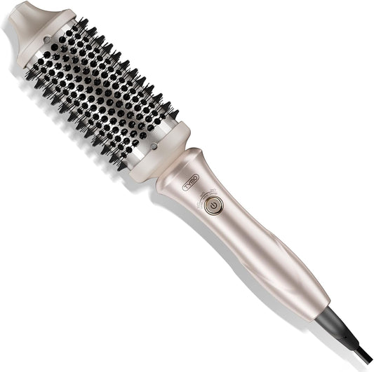 TYMO 2.0 Thermal Brush Curling Brush - STYLUX 1.7" Blowout Volumizer with Flexi-Fit for Hair Straightening, Heated Round Styler Tool, Hair Straightener and Curler 2 in 1, Dual Voltage & Light, Gold
