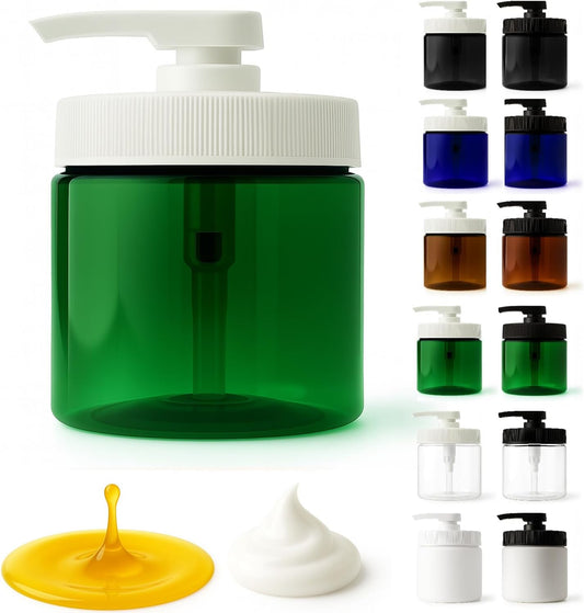 Royal Massage 16oz Refillable Pump Jar with Locking Dip Tube Dispenser – BPA-Free Plastic Container for Massage Oils, Lotions, Creams – Ribbed Lid Wide-Mouth Jar – Durable & Reusable (Green/White, 1)