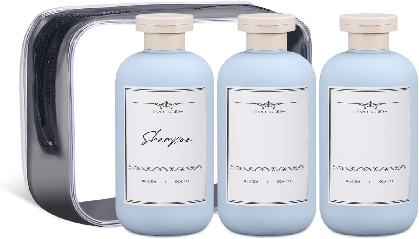 ASEVAT Travel Refillable Shampoo and Conditioner Bottles - 10 oz Plastic Squeeze Bottles with Flip Cap for Toiletries and Liquids (3Pcs)