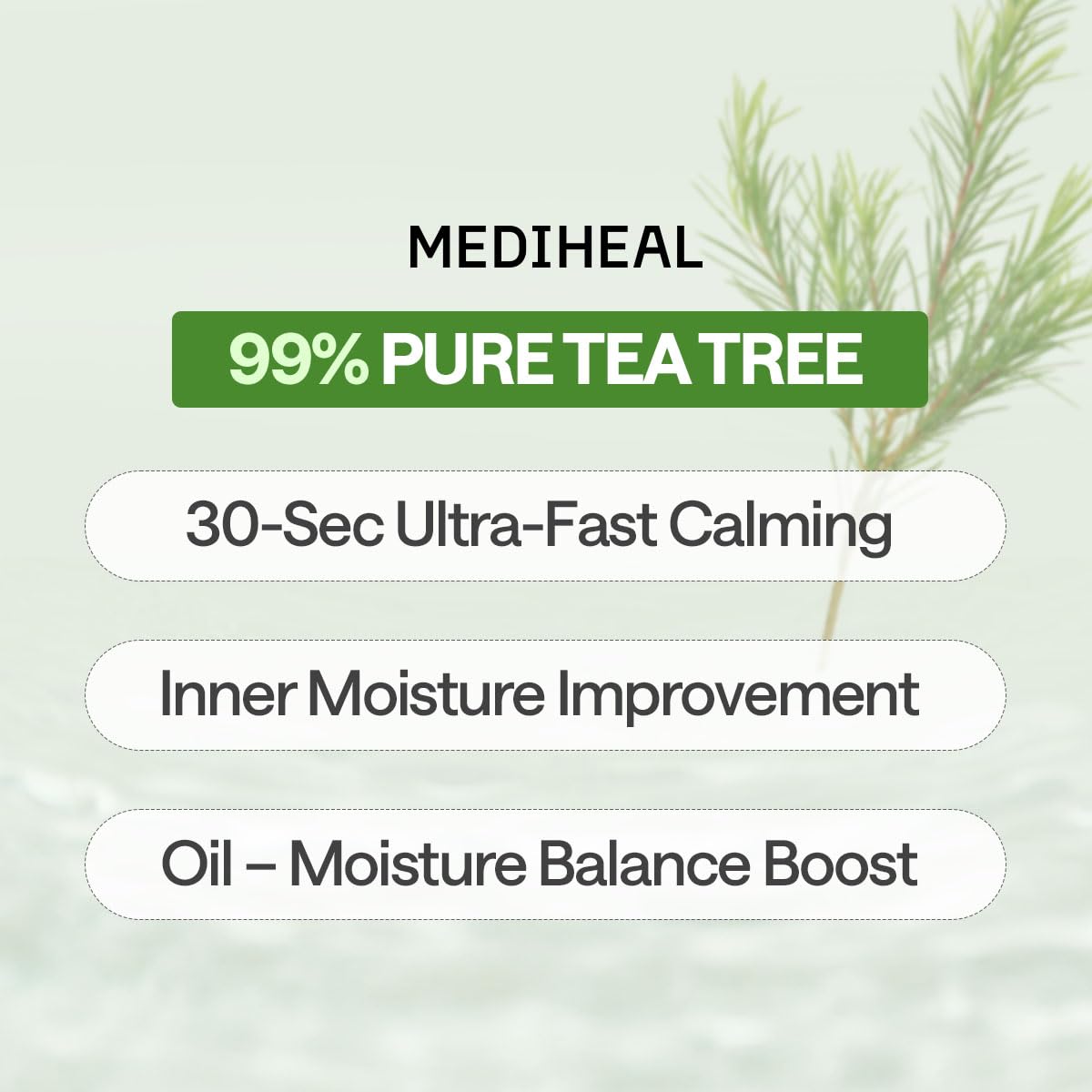 Mediheal Teatree Essential Sheet Mask Calming Moisture 10 pcs. 99% Pure Teatree & Teatree 7X for intensive soothing and hydration. Suitable for acne-prone skin. Vegan formula