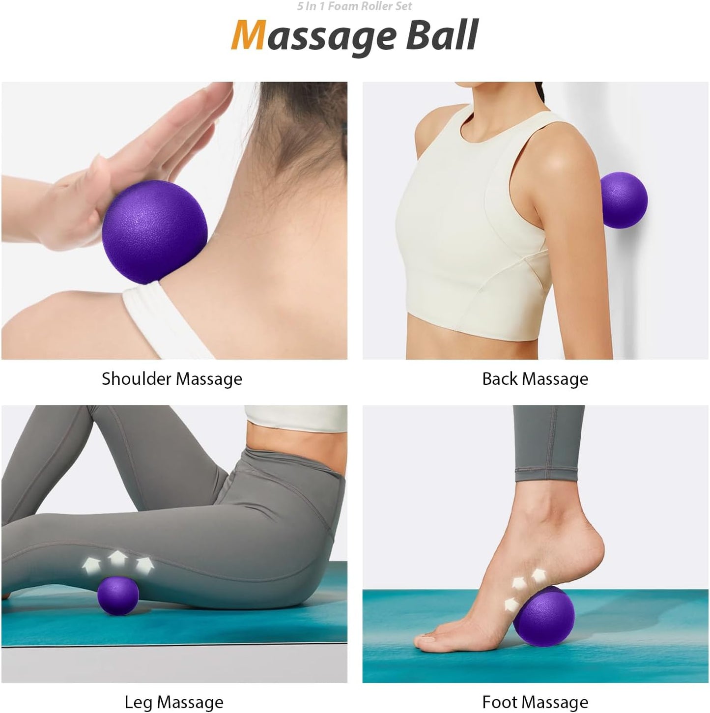 5 in 1 Foam Roller Set for Deep Tissue Muscle Massage, High Density Trigger Point Fitness Patented Exercise Foam Roller, Massage Roller, Massage Ball, Resistance Band, for Whole Body(Purple)