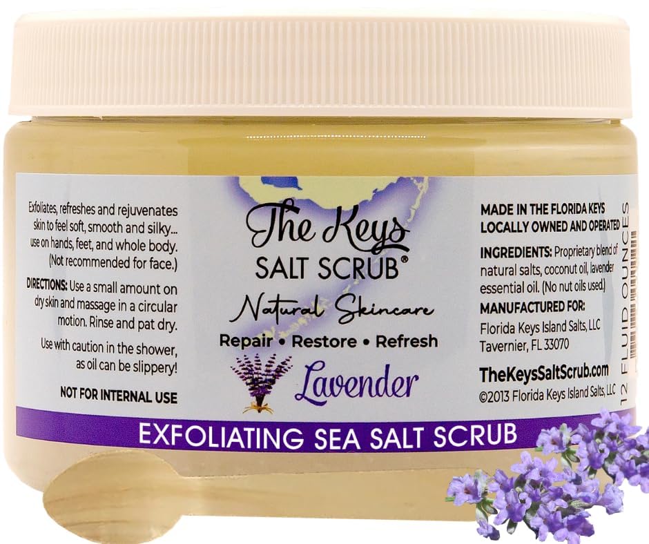 The Keys Salt Scrub -Sea Salt Scrub - Exfoliating Body Scrub with Wooden Spoon - Moisturizing Exfoliator for Hands, Foot, Bath, (12 Ounce (Pack of 1), Lavender)